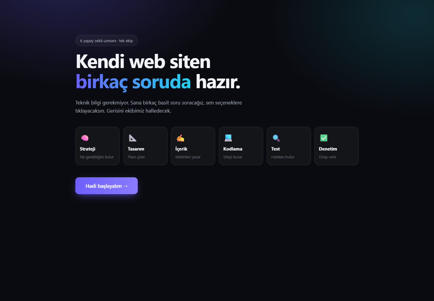 Altı yapay zekâ ajanıyla çalışan web sitesi üreticisi